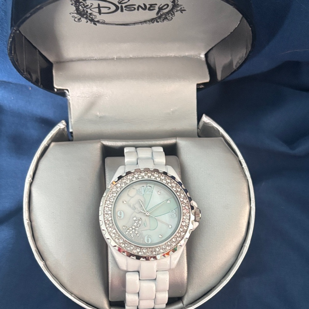 Disney Women's Silver and White Watch with Crystal Bezel